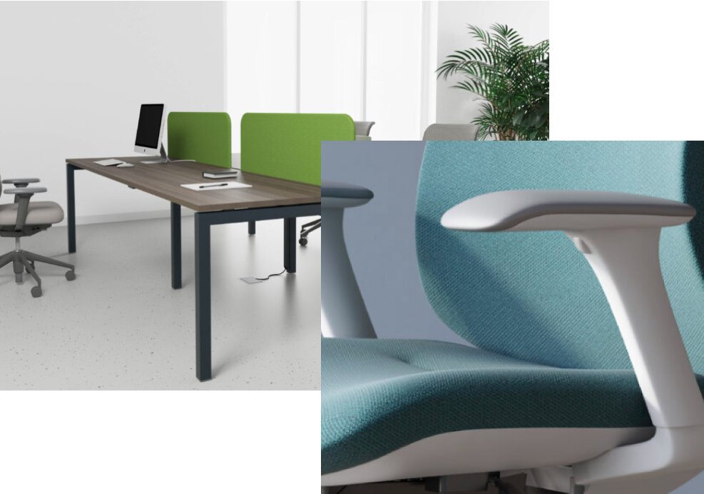Mesa de colectividades con separaciones mediante paneles y Silla ergonómica de oficina con tapizado azul y reposabrazos